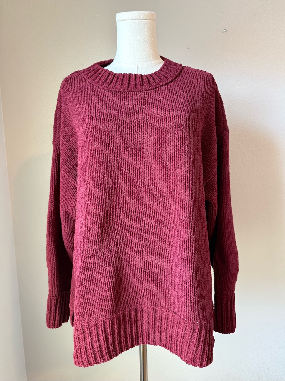Aerie Chenille Crewneck Sweater Burgundy Oversized Cozy Size S